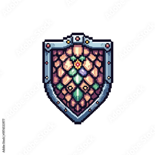 This pixel art illustration features a dragon-themed fantasy shield adorned with colorful dragon scales and set in a sturdy silver metallic frame.