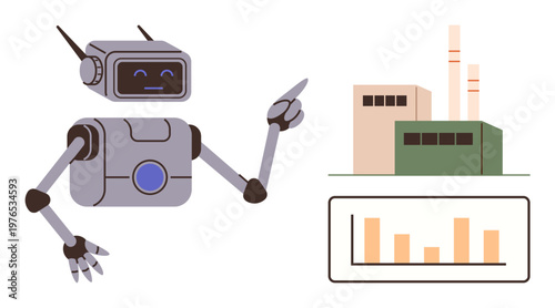 Robotics, industry automation, AI operations, manufacturing efficiency, data analytics, technology evolution. Robot pointing at an industrial factory and a data chart. Robotics and industry