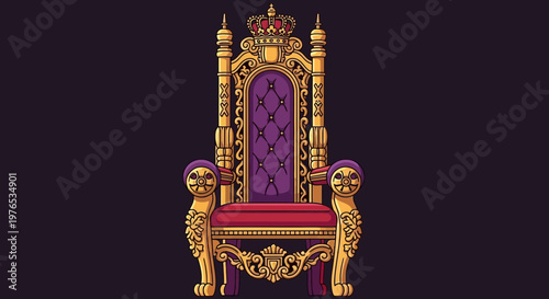 Ornate Royal Throne, Luxury Golden Chair with Crown, Power Symbol