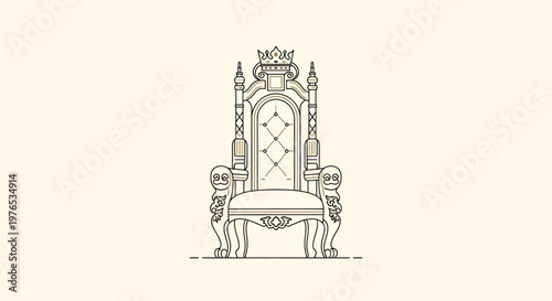 Ornate Throne Chair with Crown, Royal Seat, Elegant Design, Line Art