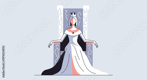 Queen Sitting on Throne, Regal Woman in White Dress and Crown, Royalty