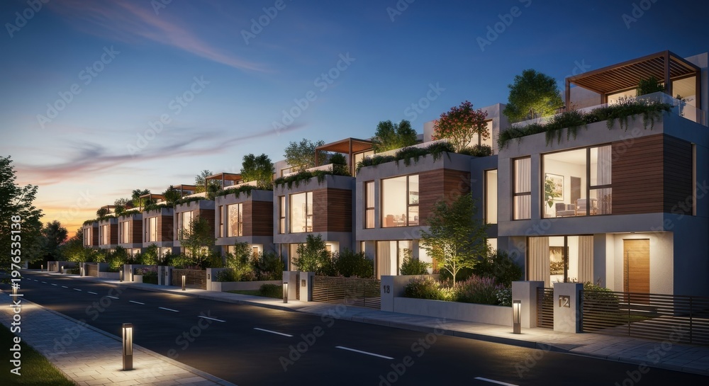 Fototapeta premium Modern residential townhouses feature illuminated windows and rooftop gardens during a twilight hour.
