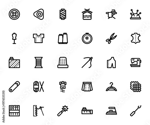 Linear Needlework and Sewing Icon Set. Minimalist Vector Icons Pack. Includes Button, Scissors, Needle, Thread, Fabric, Sewing Machine, Zipper and More. Editable Stroke.