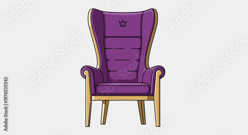 Luxurious purple armchair with golden trim and royal emblem, isolated on white background
