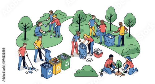 Isometric 3D illustration depicts diverse people participating in a community cleanup, collecting trash in a park setting with recycling bins and planting trees, conveying an eco-friendly