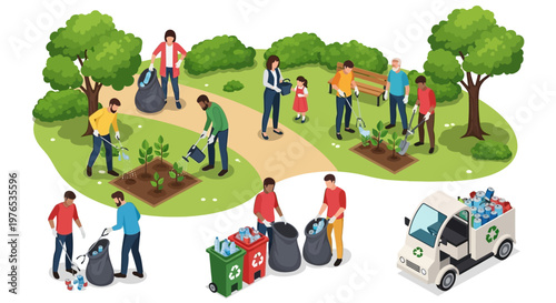 Isometric 3D illustration showing diverse people participating in a community cleanup event in a park, picking up trash, planting trees, with a small electric vehicle, conveying a positive