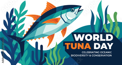 Tuna Swims Upward in Front of Sea Plants Illustration