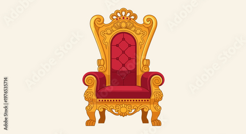 Ornate Golden Throne Chair with Red Cushion, Symbol of Power and Royalty