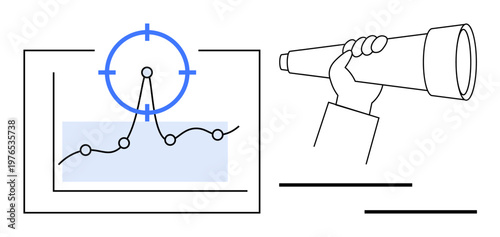 Data analytics, market research, forecasting, strategic planning, business insights, performance tracking. Line graph with highlighted data and hand holding a telescope. Data analytics and market