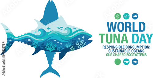 Tuna Silhouette with Ocean Textures for World Tuna Day