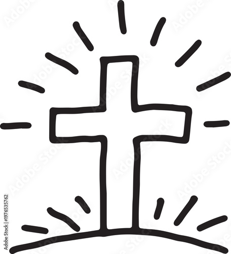 Hand drawn shining cross radiating light as a symbol of hope and salvation
