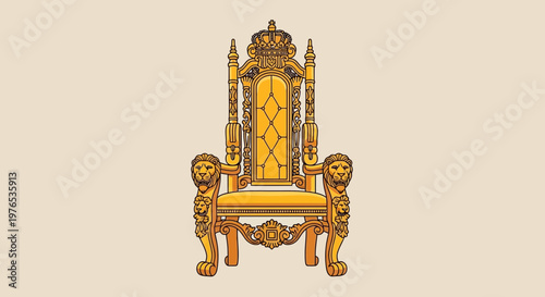 Ornate Golden Throne with Lion Armrests and Crown Detail - Symbol of Power and Royalty