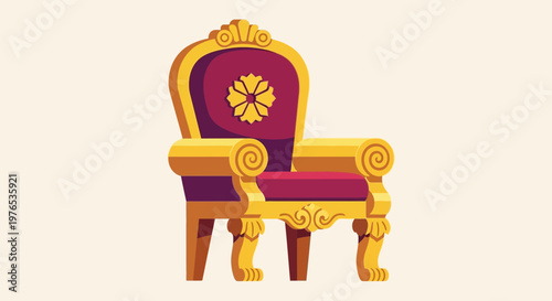 Ornate Golden Throne with Purple Cushion and Floral Emblem