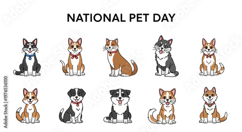 A cheerful vector celebrates national pet day with ten cartoon dogs wearing collars arranged in two rows against a clean white backdrop, presented in a bright, playful style emphasizing pet