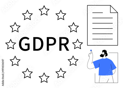 Data privacy, compliance, legal documents, personal information, digital security, EU laws. Circular stars around GDPR text, document and person with a key. Data privacy and compliance