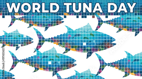 World Tuna Day Banner with Mosaic Pattern Ocean Life