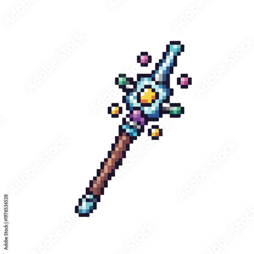 A pixel art magical staff with a glowing blue crystal tip, a golden gem center, and colorful orbs floating around the ornate wooden handle.