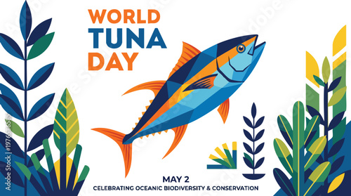 World Tuna Day Graphic with Tuna and Sea Plants