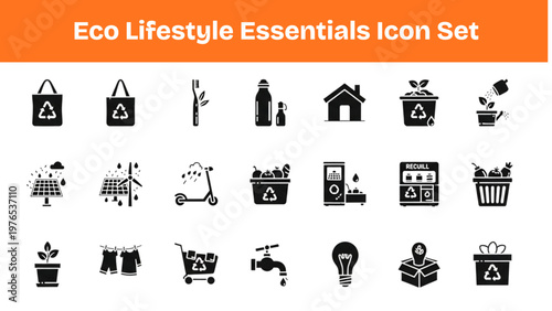 Sustainable Daily Life Icons Minimal Eco Friendly Lifestyle Silhouette Pack