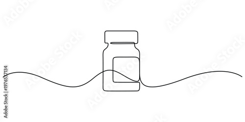 Continuous line drawing of a pharmaceutical container, medicine bottle or a vaccine vial