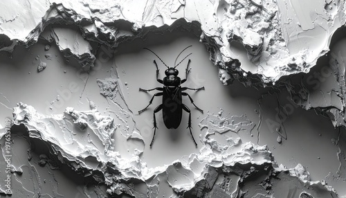Black beetle sits on a textured white surface, artistic, grayscale rendering