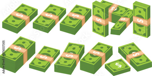 Isometric Stacked Paper Banknotes and Bundles of Cash Money with Rubber Bands Representing Wealth Banking Profit Investment and Financial Success Isolated Vector Illustration.