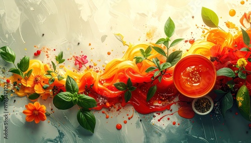 Abstract composition of colorful splash, herbs, and food elements