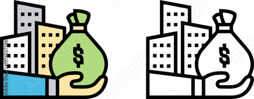 Hand holding money bag in front of buildings