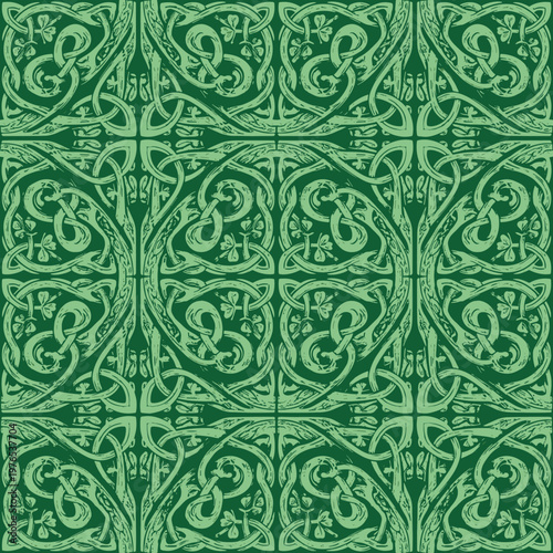 Seamless green Celtic knot and shamrock pattern