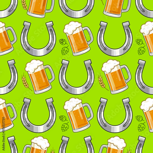 Seamless pattern of beer mugs and horseshoes on lime green