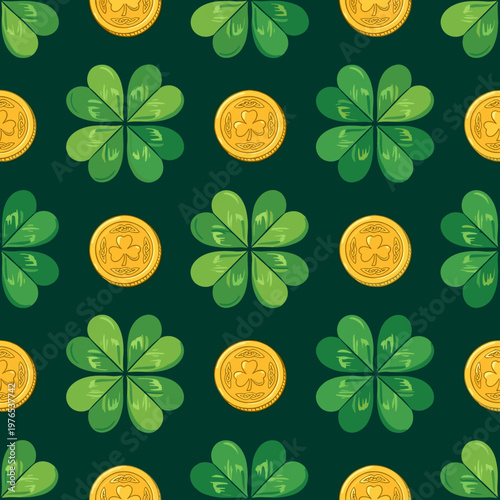 Seamless pattern of four-leaf clovers and gold coins