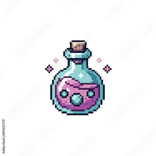 This vector is a cute pixel art illustration of a round glass potion bottle filled with sparkling pink liquid and sealed with a brown cork.