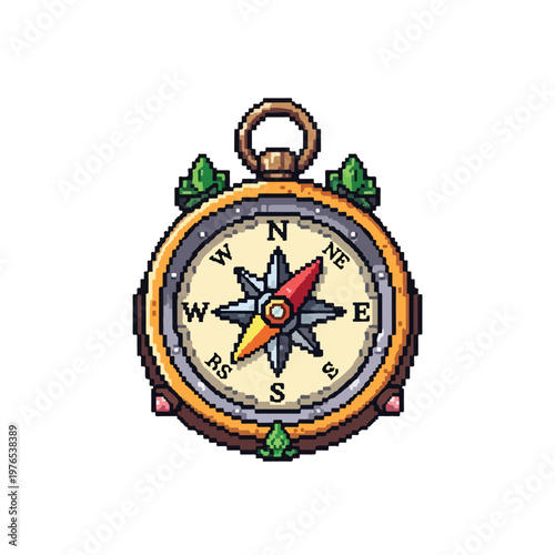 A detailed pixel art vector of a vintage compass featuring gold accents, green leaves, and colorful directional markings on a white background.