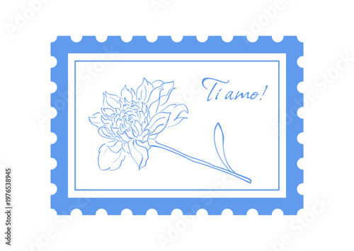 Romantic coquette flower doodle stamp art. Delicate ink line sketch with blue outline and whimsical hand drawn flower. Cute frame for card and social media post as minimalist vintage icon style