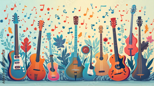 Vibrant guitars and instruments in a lively musical garden scene