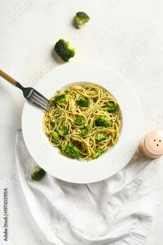 Plate of tasty pasta with b...