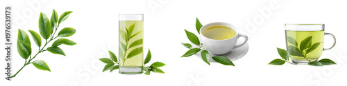 Green Tea Collection: Refreshing Beverage with Tea Leaves on White