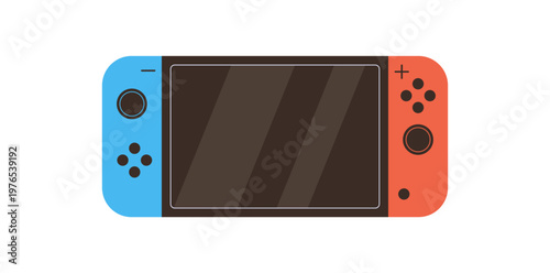 Modern flat handheld videogame console sticker with portable gadget and y2k controller. Video game device as colorful electronic equipment, ideal for game and technology themes, in blue red.