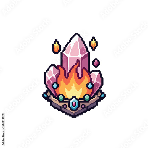 This pixel art illustration depicts a magical pink crystal cluster engulfed in vibrant fire, resting on a decorative base with colored gems.