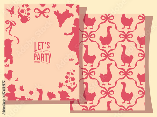 Pastel cottage core greeting card template with pastoral silhouettes and copy space for personalization. Coquette pink tone vintage frame with copy space for spring holidays.