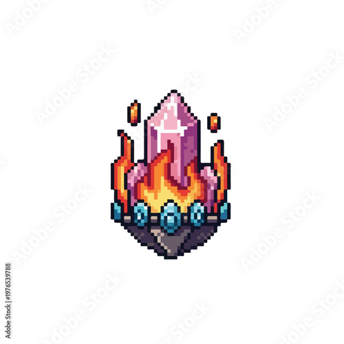 Vibrant pink pixel art crystal engulfed in orange flames and set upon a decorative dark base adorned with glowing blue gemstones.