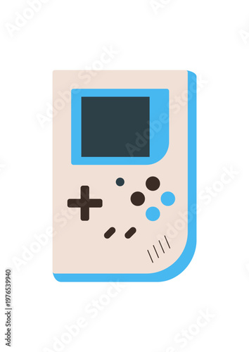 Retro portable videogame console sticker in flat cartoon graphic style. Fun gadget device with joypad, game video screen. Colorful item for gamer patch or playful children badge illustration.