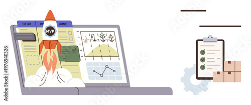 Business strategy, startup growth, product launch, data-driven planning, project management, logistics solutions. A rocket rising from a laptop with charts and a checklist beside packages. Startup