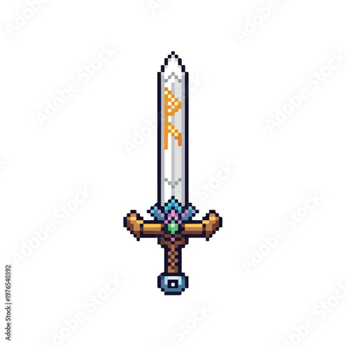 This pixel art vector showcases a magical fantasy sword featuring a silver blade with a glowing golden rune and an ornate hilt decorated with gems.