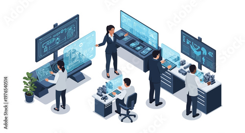 Isometric illustration depicting workers in a technology-driven factory, operating complex machinery and monitoring charts on screens in a modern industrial setting, rendered in a 3D style