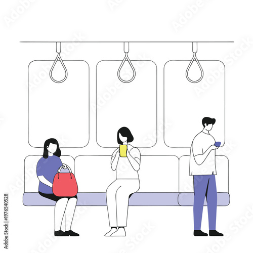 Flat design illustration of a subway train interior with three passengers, a seated woman holding a red bag wearing casual clothes, a standing woman in the middle holding a yellow hand strap while usi