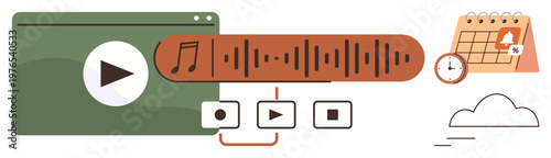 Digital content creation, scheduling, audio editing, media playback, online organization, cloud storage. A media player interface, sound waveform calendar and cloud icon. Digital content creation