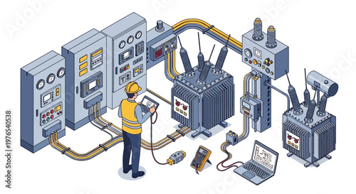Isometric vector illustration showing a worker in a hardhat inspecting complex industrial machines and technology with a digital tablet, featuring a detailed 3D design and a chart