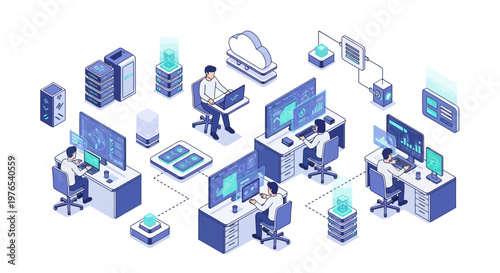 Isometric illustration depicts a group of workers in a technology company overseeing machines and charts, set against a clean white background with a cool color palette showing a modern
