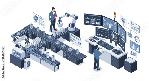 Isometric vector illustration depicting two workers overseeing an automated factory floor, one operating a robotic arm and the other monitoring data on multiple screens, with a cool color